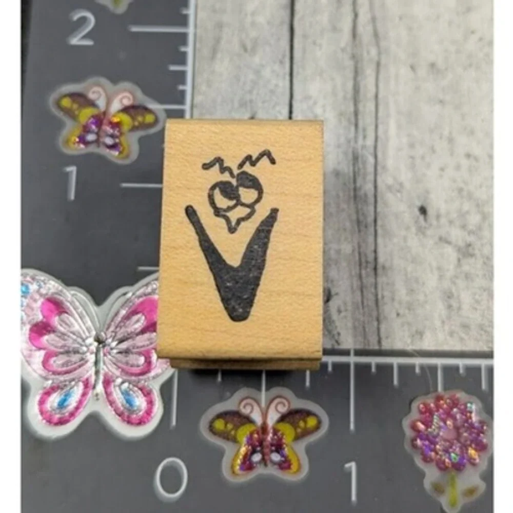 Funny Face Cartoon Monster Rubber Stamp Wood #K54